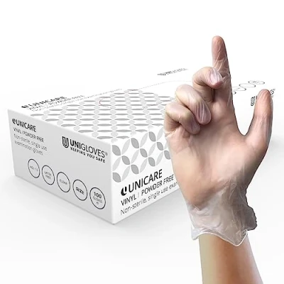 Abbildung von UNIGLOVES Unicare Vinyl vielseitig einsetzbare Einweghandschuhe, puderfrei, latexfrei, mittlere Stärke Box mit 100 Handschuhen, klar, Größe Groß (GS0064)