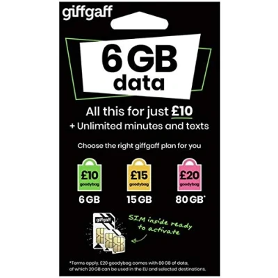 Abbildung von Giffgaff 4G Multi SIM Karten (mit Vorgeladen Guthaben) + Gratis Adapter Unbegrenzte Calls, SMS und Daten &gt; Passend für Alle Gerät