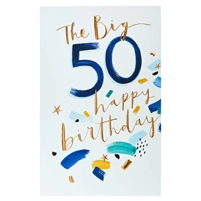 Abbildung von UK Greetings Geburtstagskarte zum 50. Geburtstag für Ihn/Freund, blaues Pinselstrich Design