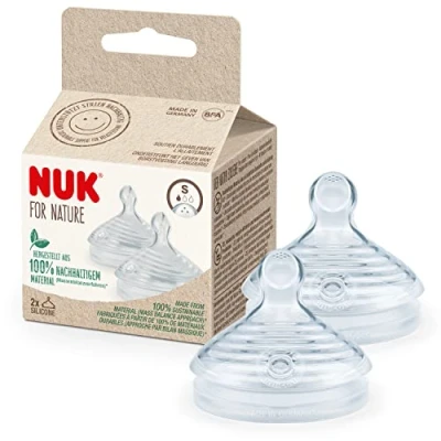 Abbildung von NUK for Nature Ersatz Silikon Trinksauger für Babyflasche Klein (0−6 Monate) Der Mutterbrust nachempfunden Anti Colic Ventil Nachhaltige und BPA freie Materialien 2 Stück