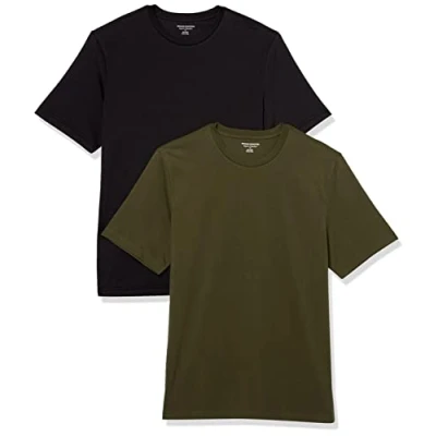 Abbildung von Amazon Essentials Herren Kurzärmliges T Shirt mit Rundhalsausschnitt in normaler Passform, 2er Pack, Olivgrün/Schwarz, M