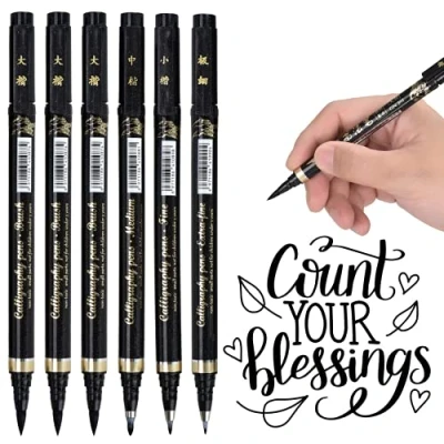 Abbildung von 6 Kalligraphie Stifte Schnelltrocknender Calligraphie mit 4 Größen Fasermaler Pinselstifte Schwarz Handlettering für Schriftzug Anfänger Bullet Journal Tagebuch Unterschrift Zeichnung
