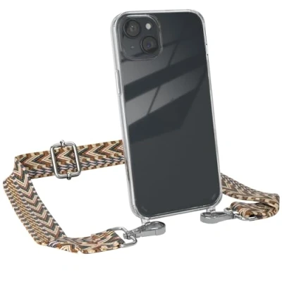 Abbildung von EAZY CASE Handykette mit verstellbarem Trageriemen für iPhone 15 Plus Taschengurt zum Wechseln transparenter Handyhülle Hülle dünner Schulterriemen in Braun Silber