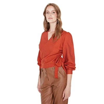 Abbildung von TRENDYOL Damen Zweireihig Unifarben Regular Bluse Shirt, Tile Red, 36