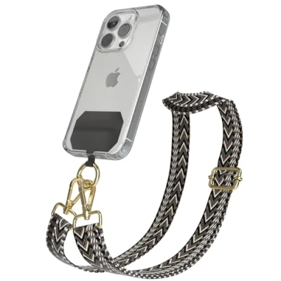 Abbildung von EAZY CASE Handykette Universal zum Umhängen kompatibel mit jedem Handy Kette Hülle kombinierbar Handykordel Karabiner für Handyhülle Handyband Bunt Boho Kordel Schwarz Grau