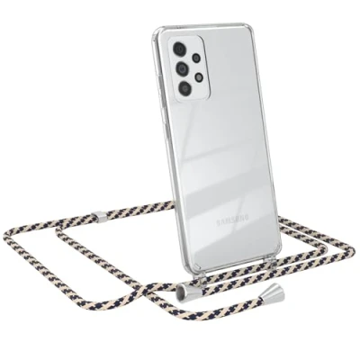 Abbildung von EAZY CASE Hülle mit Kordel Samsung Galaxy A52 / 5G, Transparente Handyhülle verstellbarem Kettenband zur Umhängeband, Kette, Ersatzgurt schmal in Taupe Camouflage Clip Silber