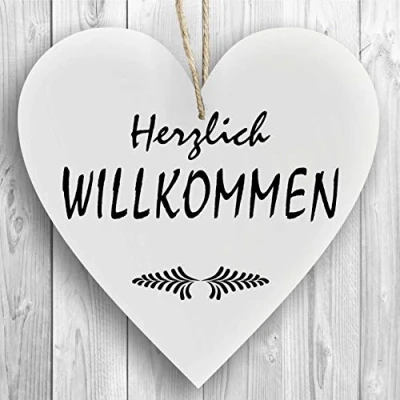 Abbildung von Herzschild Holzherz Holzschild 16 x cm Herzlich Willkommen weiß Dekoschild Wandschild Schild Holz Geschenk