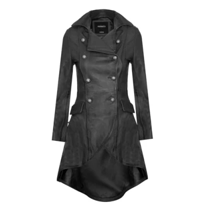 Abbildung von Infinity Leather Damen Gotisch Schwarz Leder Edwardianisch Viktorianisch Flare Mantel