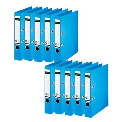 Abbildung von Leitz Qualitäts Ordner 180, 10er Pack, A4, schmal, 5,2 cm Rückenbreite, Spezialpapierkaschierung in Leinenprägung, Blauer Engel, Hellblau, 10080030