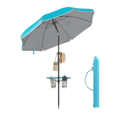Abbildung von SONGMICS Sonnenschirm 160 cm, Strandschirm, Sonnenschutz UPF 50+, beidseitig um 30 knickbar, höhenverstellbar, Ablagefläche, Haken, für Strand, Garten, ohne Ständer, blau GPU0080Q01
