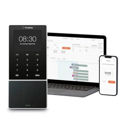 Abbildung von TimeMoto TM 818 SC Cloud basiertes Zeiterfassungsgerät, kombinierbar mit kontaktlosen Smart Access Cards, RFID Badge/Schlüsselanhänger, PIN, bis zu 2.000 Benutzer, Terminplanung, Arbeitszeitberichte