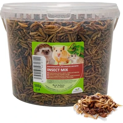 Abbildung von UGF Insektenmischung, 3 Liter Eimer ≈ 500g, Igelfutter, Rennmausfutter, Hamsterfutter, Rattenfutter, Eidechsenfutter Mehlwürmer, Soldatenfliegenlarven, Seidenraupen
