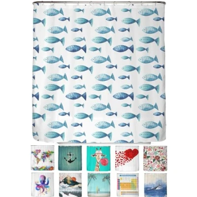 Abbildung von arteneur® Blaue Fische Anti Schimmel Duschvorhang 180x200 Öko Tex Standard 100 Beschwerter Saum, Blickdicht, Wasserdicht, Waschbar, 12 Ringe