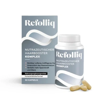 Abbildung von Refolliq Nutrazeutischer Haarbooster Komplex Kapseln Sichtbar volleres, kräftigeres Haar, Unterstützt das Haarwachstum. Stärkt Haare, Haut und Nägel
