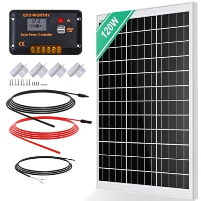 Abbildung von ECO WORTHY 120W Solarpanel Kit: 120W12V Monokristallinem Solarmodul + 30 A Solarladeregler 5m Solarkabel Z Befestigungsklammern für Wohnmobil,Wohnwagen,Haushalt und Off Grid System
