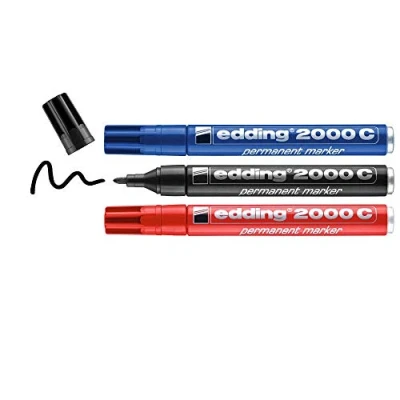 Abbildung von edding 2000 C Permanentmarker schwarz rot blau 3 Stifte Rund Spitze 1,5 mm schnell trocknender Permanent Marker wasserfest wischfest für Karton Kunststoff Holz Metall Universalmarker