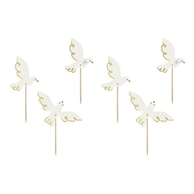 Abbildung von partydeco Papierdekoration, Cake Topper Tauben 14,5cm weiß gold 6er Set