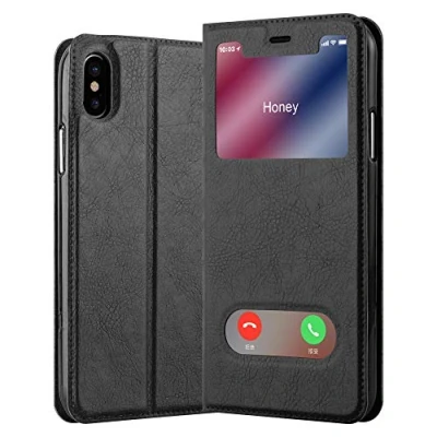 Abbildung von Cadorabo Hülle kompatibel mit Apple iPhone XS MAX Sichtfenster aus Kunst Leder Flip Klappbare Stoßfeste Magnetische [Standfunktion] [Kartenfächern] Cover für Tasche in Schwarz