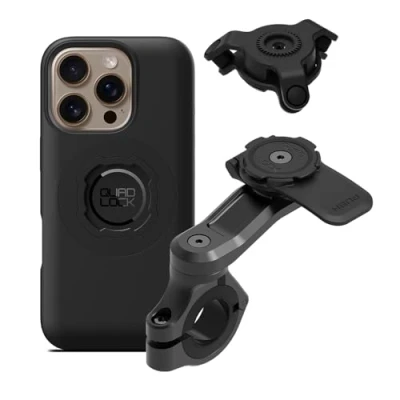 Abbildung von Quad Lock Lenker Motorrad Handyhalterung Pro Kit mit Vibrationsdämpfer und iPhone 16 MAG Handyhülle
