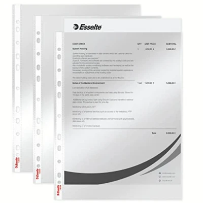 Abbildung von Esselte Prospekthüllen Set, 100 Stück, A4 Format mit Universal Lochung, Farblos glänzender Oberfläche, 0,043 mm PP Folie, 13089, 0.04