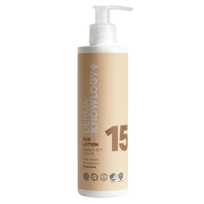 Abbildung von DermaKnowlogy Sonnencreme Lotion LSF15 Allergiegeprüfter Sonnenschutz für Empfindliche Haut Ohne Parfüm, Farbstoffe, Octocrylen, Mikroplastik Coral &amp; ECO zertifiziert, Wasserfest, Vegan, 200 ml