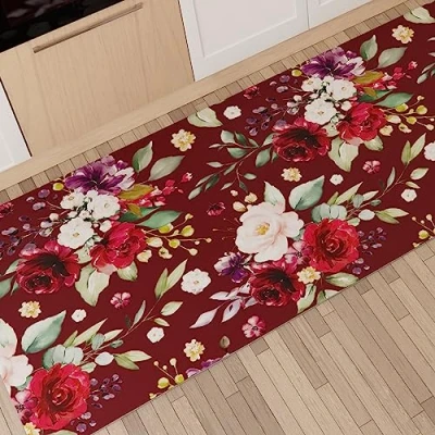 Abbildung von PETTI Artigiani Italiani Teppich für Küche, rutschfest und waschbar, 52 x 380 cm, Blumenmuster, 07 Bordeaux, 100% Made in Italy