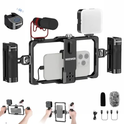 Abbildung von NEEWER Universal Phone Käfig Handy Stabilisator Video Rig Beleuchtung Set mit Bluetooth Auslöser Seitengriff, LED Licht, USB C Mikrofon, kompatibel iPhone 16 Pro Max 15 S24 Ultra, PA009E