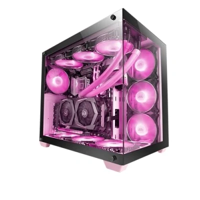 Abbildung von Mars Gaming MCV4 Rosa, Custom XXL E ATX Tower, Rahmenloses Front und Seitenfenster Gehärtetem Glas, Modularer Doppelkammerrahmen