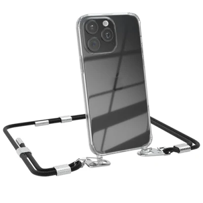 Abbildung von EAZY CASE Handykette mit Karabiner kompatibel iPhone 15 Pro Max Hülle Silikon transparente Handyhülle für Kette zum Umhängen Schutzhülle in Schwarz Clips Gold