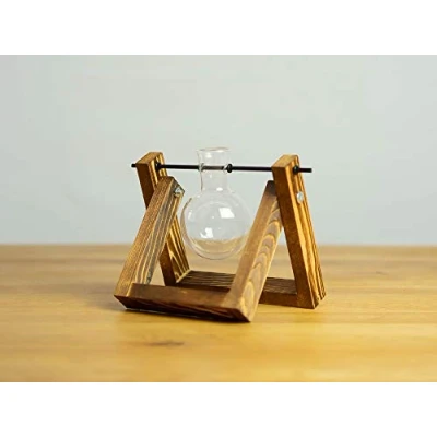 Abbildung von &quot;Good Connections Stylische Deko Blumenvase&quot;&quot;Rundkolben&quot;&quot; geflämmter Holzrahmen mit einem mundgeblasenen, kristallklaren Glaskolben&quot;, 1 fach, ZUB 7003