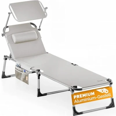 Abbildung von Casaria® Sonnenliege Malta klappbar 180kg belastbar Wetterfest mit Dach Kopfkissen Gartenliege leicht Aluminium Liegestuhl 210x61 Creme