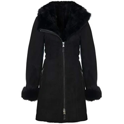 Abbildung von Infinity Leather Damenjacke Aus Schwarzem Wildleder Mit Kapuze Und Lammfell Von Toscana XS