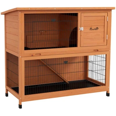Abbildung von PawHut Kleintierstall Kaninchenstall aus Holz 2 stöckiges Kleintierhaus mit Paletten, Rampe, für Kaninchen Orange 123 x 63 112 cm
