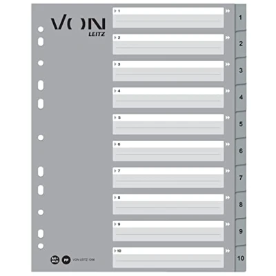 Abbildung von VON Leitz 10er Pack Zahlen Register A4, 1 10 nummerierte Trennblätter für Ordner, PP, Extra breit, 11 Loch Universalregister Schnellhefter &amp; Ringbücher,Grau, 12660085