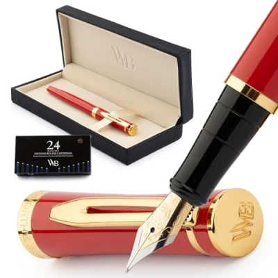 Abbildung von Wordsworth &amp; Black Füllfederhalter Set, feine 18 Karat Goldfeder, inklusive 24 Tintenpatronen, Kolbenkonverter und Geschenkbox, goldfarben, Kalligraphie, Karminrot