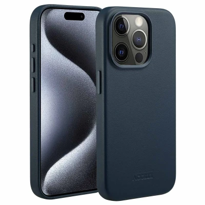 Abbildung von Apple iPhone 15 Pro Hülle MagSafe Echtleder Accezz Backcover Handyhülle Dunkelblau