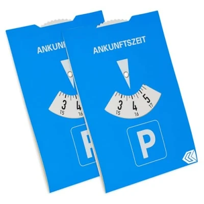 Abbildung von Parkscheibe, 2 Stück, in Blau, aus Papier, doppelseitig einstellbar, Parkuhr mit ANKUNFTSZEIT, für Auto, LKW, Wohnmobil, Parking Disc Blue, Parkscheiben, Parkkarte, blaue Papier Park Scheibe Karte