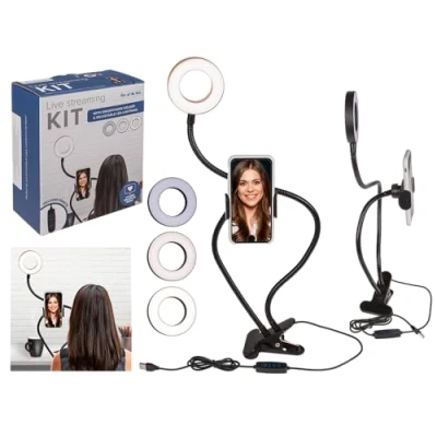 Abbildung von Live Streaming &amp; Vlogging Kit, mit Handyhalterung LED Beleuchtung, aus Kunststoff stabilem, metallverstärktem Arm für eine exakte Positionierung, im Geschenkkarton