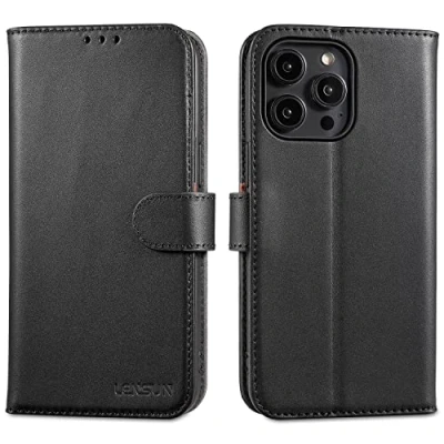 Abbildung von LENSUN Echtleder Hülle für iPhone 14 Pro Max, Handyhülle [Echtes Leder][Magnetverschluss][RFID Schutz] Handytasche Lederhülle Max 5G Schwarz