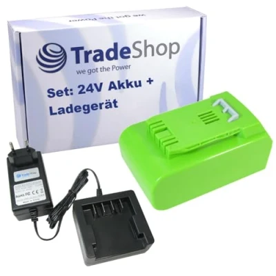 Abbildung von Trade Shop Set: Akku 24V 4Ah + Ladegerät kompatibel mit Powerworks 32CM P24LM32, P24AB, P24ST, Alpina BLA 24 Li, C H MT T Li