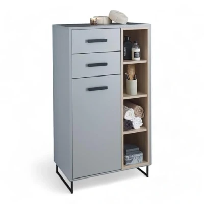 Abbildung von Stella Trading Tunis Badezimmer Kommode in Grau/Eiche Sonoma Optik Badezimmerschrank Bad Schrank mit viel Stauraum 65 x 116 38 cm (B/H/T)