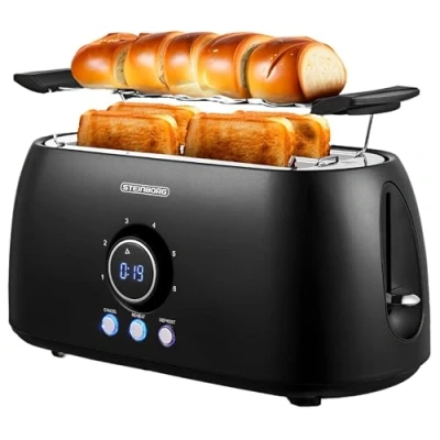 Abbildung von STEINBORG Toaster SB 2212, 2 lange Schlitze, für 4 Scheiben, 1500 W, Edelstahl Gehäuse,Brötchenaufsatz,Krümelschublade,LED Display