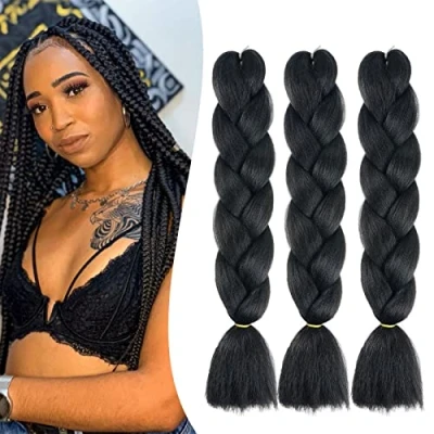Abbildung von 24&quot; Braids Extensions Jumbo Kunsthaar 3 Bündel Kanekalon Synthetik Crochet Hair Flechthaar Afro Box Braiding (Schwarz)