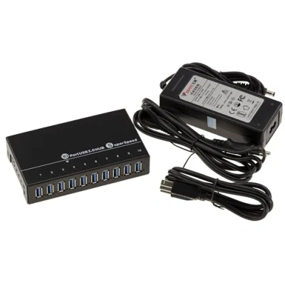 Abbildung von KALEA INFORMATIQUE Industrieller Hub USB3 Ladestation 10 Ports (USB 3.0 5GB) mit 60W Netzteil. Rackmountfähiges Metallgehäuse.