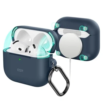 Abbildung von ESR für AirPods 4 Hülle (HaloLock), Kompatibel mit 4. Generation (2024) (USB C), Unterstützt kabelloses Laden, Schutzhülle Karabinerhaken, Cloud Serie, Blau