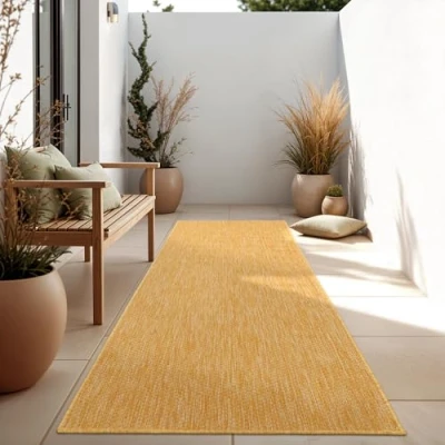 Abbildung von Paco Home Outdoor Teppich Wetterfest Wohnzimmer Balkon Küchenteppich Flachgewebe Sisaloptik Meliert Einfarbig, Grösse:80x150 cm, Farbe:Gelb