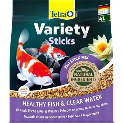 Abbildung von Tetra Pond Variety Sticks Fischfutter Mix für Teichfische aus drei verschiedenen Sticks, die Gesundheit, Farbenpracht und Vitalität aller Fische im Teich, 4 L Beutel