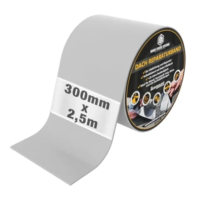 Abbildung von HSS® Dach Reparaturband, MicroSealant Klebstoff, effektiv, beständig und universell einsetzbar, wasserdichtes Klebeband, verbessertes Butylband, SKZ geprüft (Grau, 300mm/2,5m)