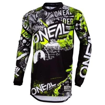 Abbildung von O&#039;NEAL Motocross Shirt Langarm MX MTB Mountainbike Passform für Maximale Bewegungsfreiheit, Eingenähter Ellbogenschutz Element Jersey Attack Erwachsene Schwarz Neon Gelb Größe XXL
