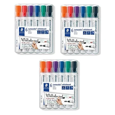 Abbildung von Staedtler Lumocolor 351 WP6 Whiteboard Marker, Rundspitze ca. 2 mm Linienbreite, Set mit 6 Farben (3 Etui)